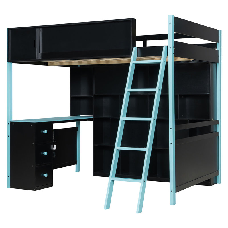 Lit mezzanine double en bois avec bureau, grand espace de rangement et lumière, Bleu