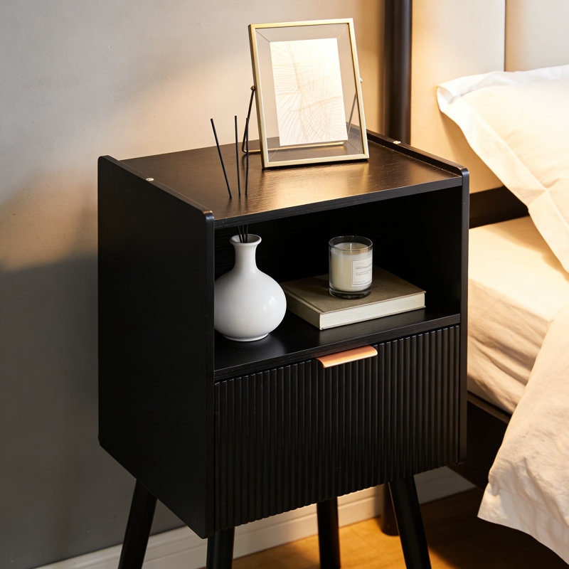Table de chevet moderne avec tiroir et tablette ouverte, table de chevet de style Mid-Century avec pieds en bois et rangement à deux niveaux pour la chambre à coucher