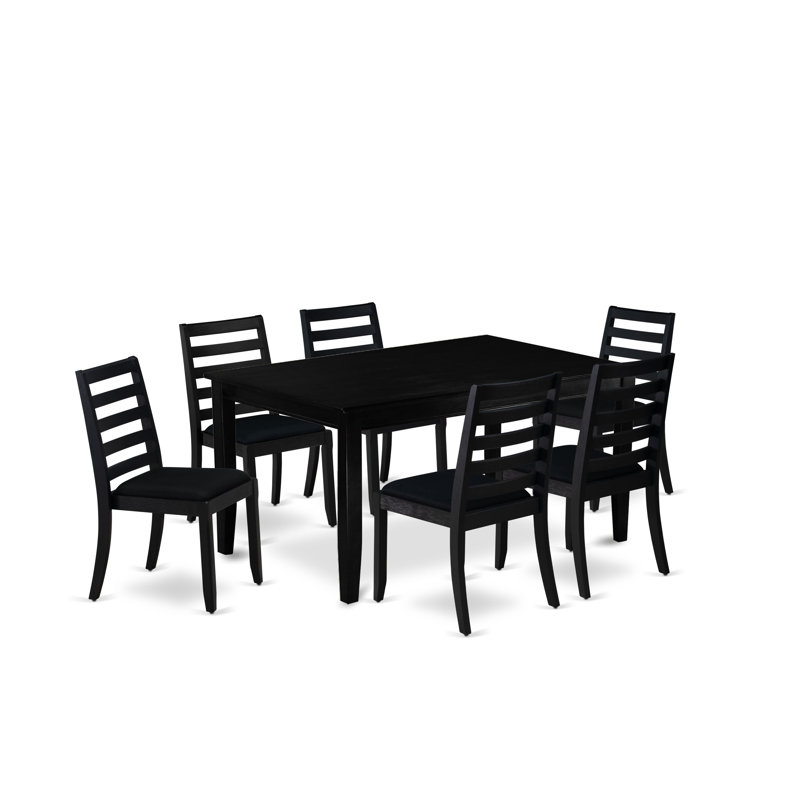 7 Piece Dining Set Includes a Rectangular Kitchen Table with Black Tabletop and 6 Stackable Polyester Fabric Chairs, Black