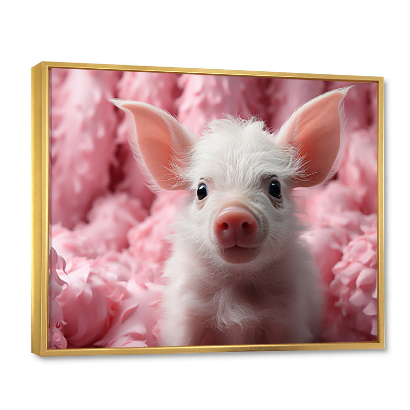 «Pink Curious Pig II», reproduction sur toile, H 16 po x l 32 po x P 1 po, Cadre flottant doré