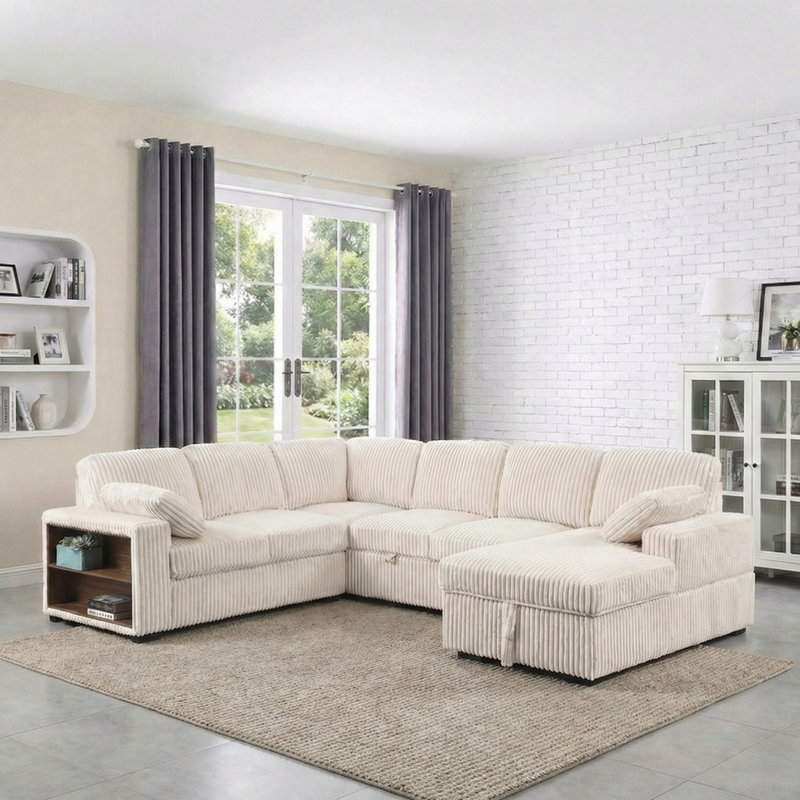 116" Corduroy Sectional Sofa Couch with Pull Out Twins Bed Sleeper Sofa and Chaise with storage, Beige Corduroy