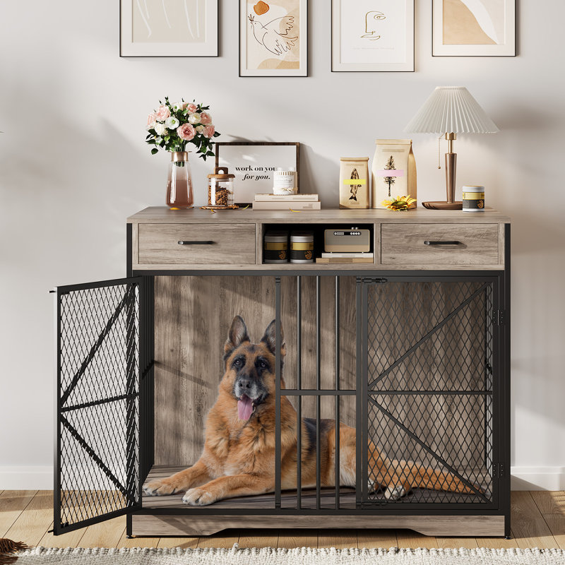 Meuble-cage en bois brun et noir de 44 po avec tiroirs, compartiment de rangement ouvert et portes doubles verrouillables, chenil de table de bout robuste pour petits et grands chiens