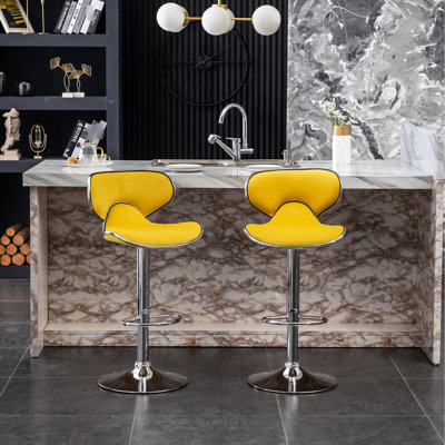 2 tabourets de bar en velours jaune - construction 360 pivotant et repose-pieds réglable en hauteur avec siège rembourré et rembourré, de 2 po avec base en métal chromé robuste avec mousse et l 18 po x P 21,6 po