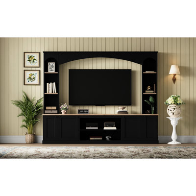 Meuble audio-vidéo de style élégant, meuble télé de 91 po pour téléviseur de 70 po, avec grain de bois et tablettes réglables au design arqué, salon central et dispositif sécuritaire