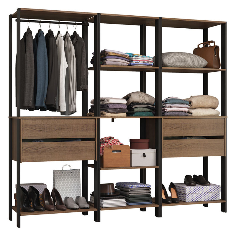  Portemanteaux-penderie avec 4 tiroirs, tablettes ouvertes et armoire à suspendre modulaire L 78 po pour l'organisation de la chambre à coucher - noir / brun