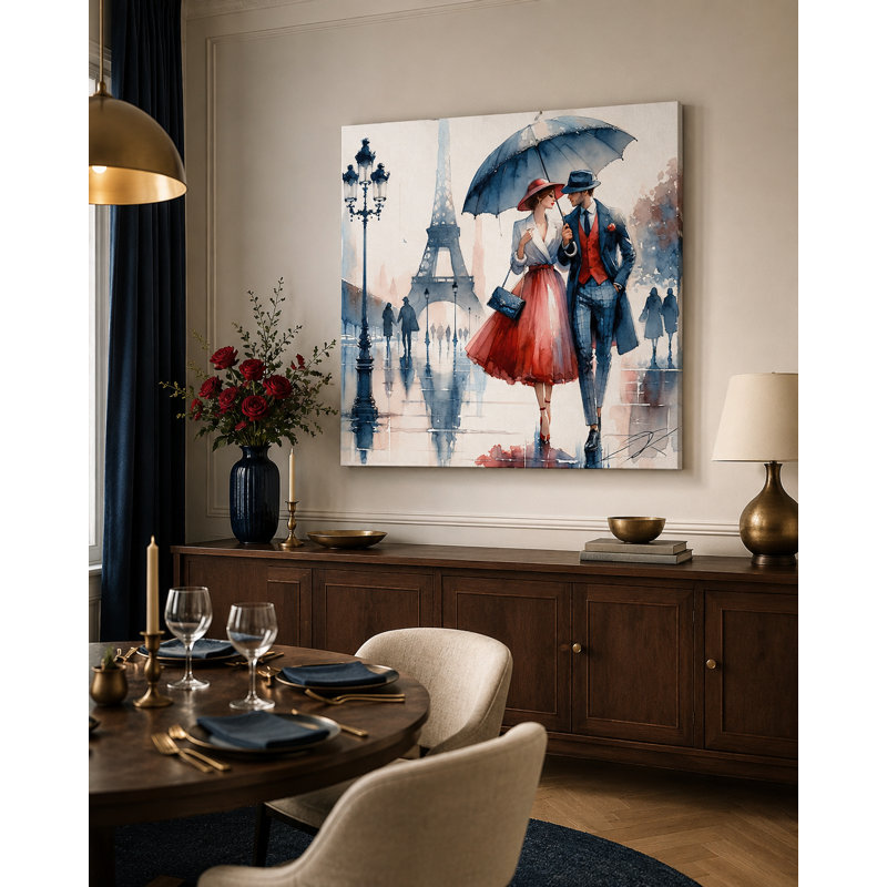 Couple romantique parisien sous un parapluie, tableau sur toile tendue, H 40 po x l 40 po x P 1,5 po