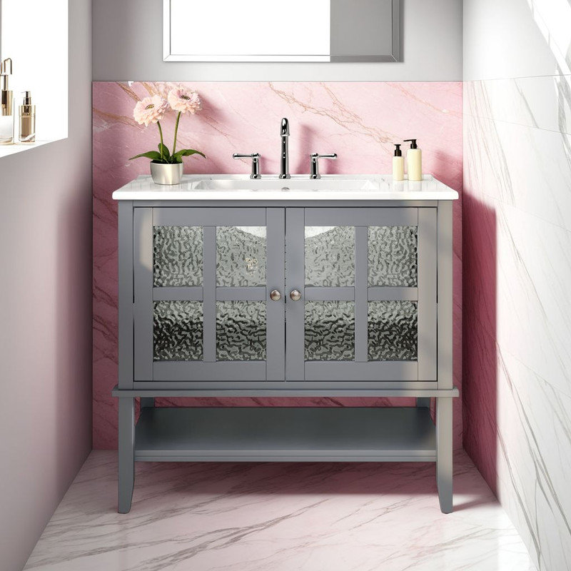 36" Bathroom Vanity with Ceramic Sink – Adjustable Shelf, Soft-Close Hinges?, Green
