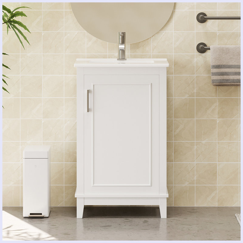 Modern Small Bathroom Vanity Cabinet With Ceramic Sink, White