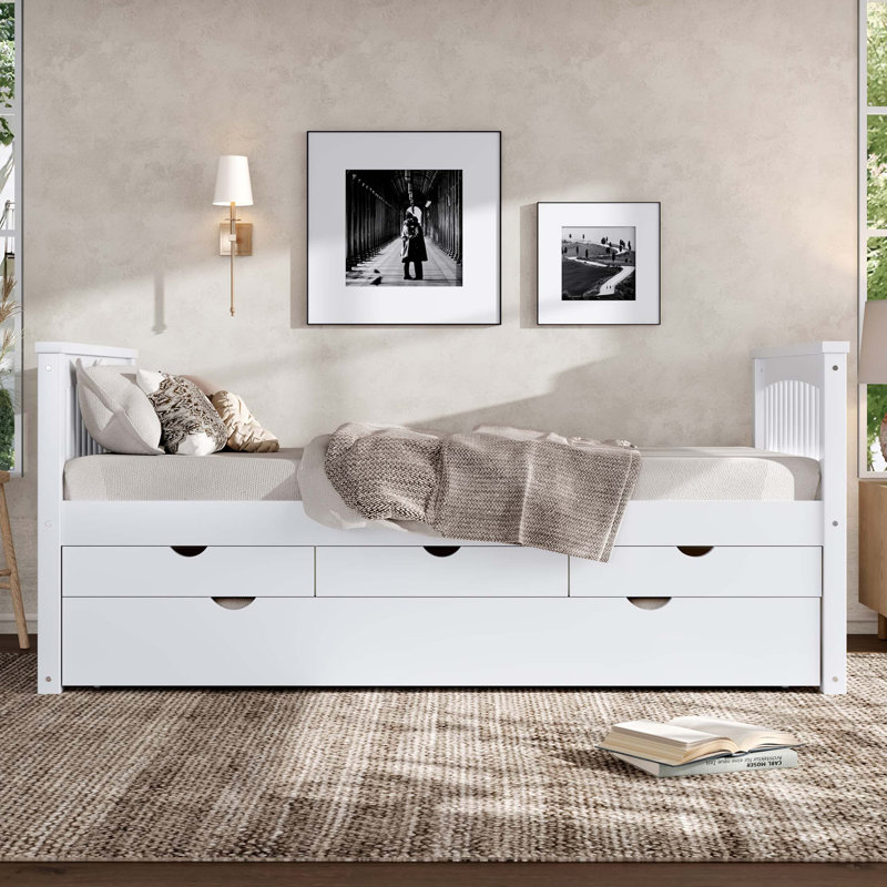 Lit plateforme simple avec tiroirs et lit gigogne, lit de jour en bois massif, sans sommier, Blanc cassé