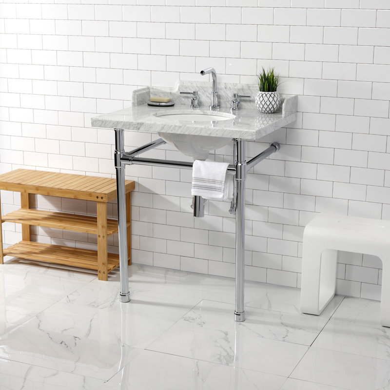 Kingston Brass Dreyden 30-Inch Carrara Marble Console Sink with Stainless Steel Legs (8-Inch, 3-Hole)