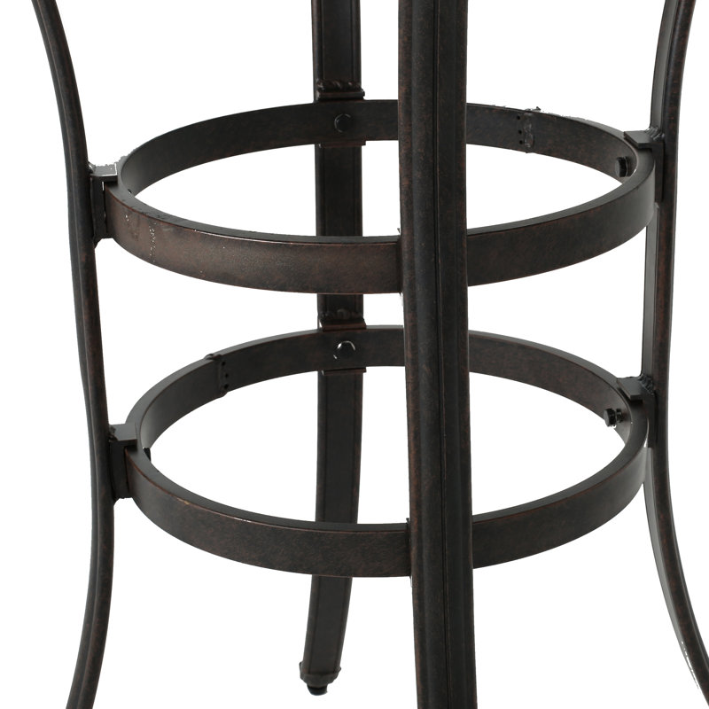 Table de bar traditionnelle en fonte d'aluminium avec plateau de couleur bronze foncé, aspect rouille, porte-parapluie central, 96,5 cm (L) x 96,5 cm (P), structure et insert, 94 cm de large x 105,4 cm de hauteur