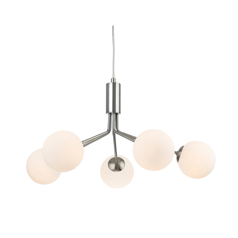 5 - Light Sputnik Chandelier, Brushed Steel, Brushed Steel, Opal White