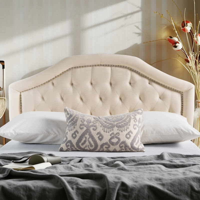 Tête de lit capitonnée en tissu beige - Tête de lit réglable en bois massif et pieds en métal avec garniture cloutée, Beige