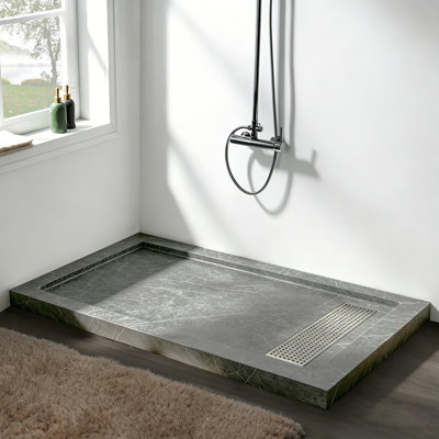 48" x 32" Shower Base with Linear Drain and Removable Flanges, Reversible Drain Acrylic Shower Pan for Multiple Threshold Configurations, Marble Gray