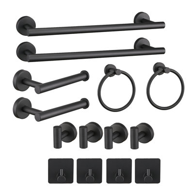 Modern 14-Piece Matte Black Bathroom Hardware Set, 304 Stainless Steel Towel Bars, Toilet Paper Holders & Hooks