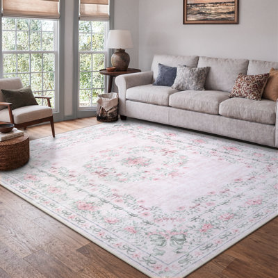 Kaldi Floral Bow Washable Area Rug, Ultra-Thin Non-Slip Soft Boho Carpet for Living Room, Bedroom & Nursery