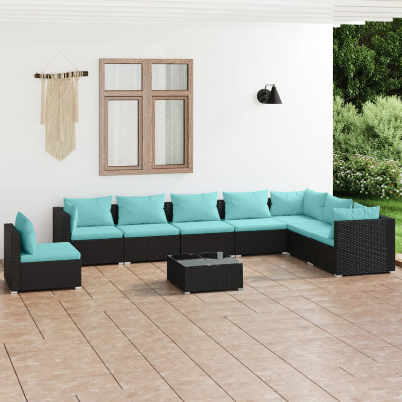 9 Piece Lounge Sofa Seating Group, Water Blue, Black