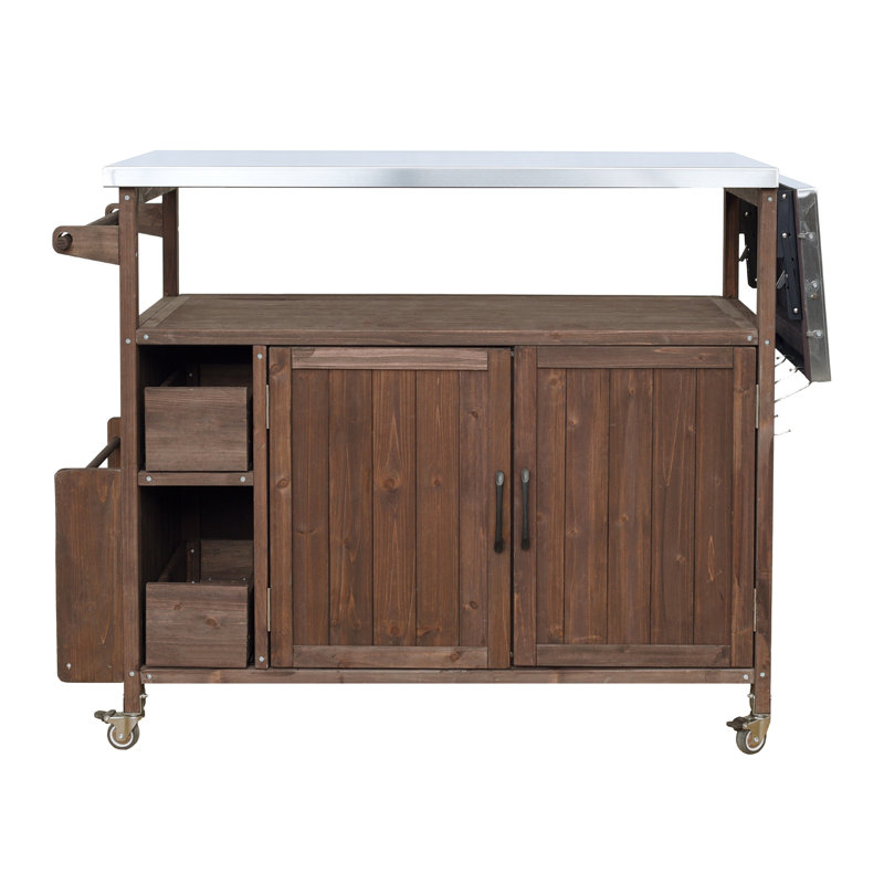 Farmhouse Rolling Outdoor Kitchen Cart, Solid Wood Frame with Stainless Steel Top, Spice Rack, Towel Rack, Lockable Wheels & Multi-Functional Storage for Patio, Backyard BBQ & Kitchen