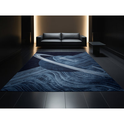 Tapis bleu moderne et contemporain lavable à la machine Pavlo