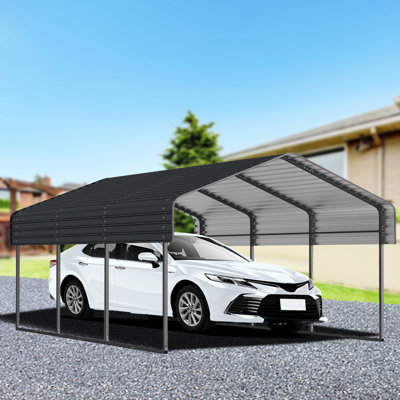 Abri d'auto robuste en métal de 3 x 4,5 m avec toit résistant aux intempéries et base solide pour la protection de plusieurs véhicules dans les jardins extérieurs. Rangement d'équipement galvanisé et renforcé.