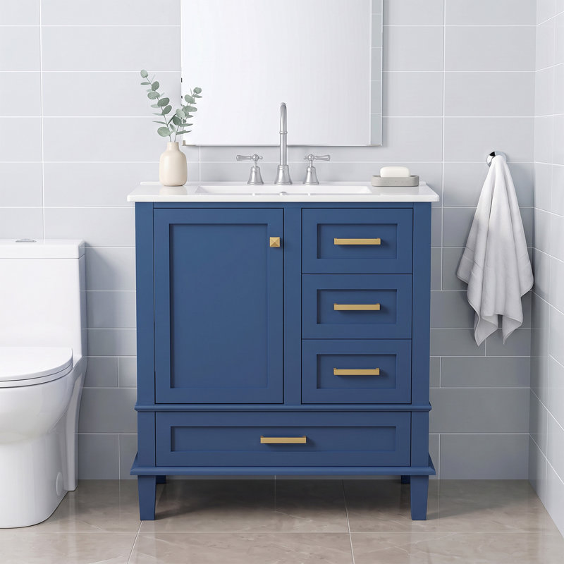 Meuble-lavabo autoportant moderne 30 po en bleu avec lavabo intégré en céramique, cadre en bois massif, porte à fermeture douce et 3 tiroirs