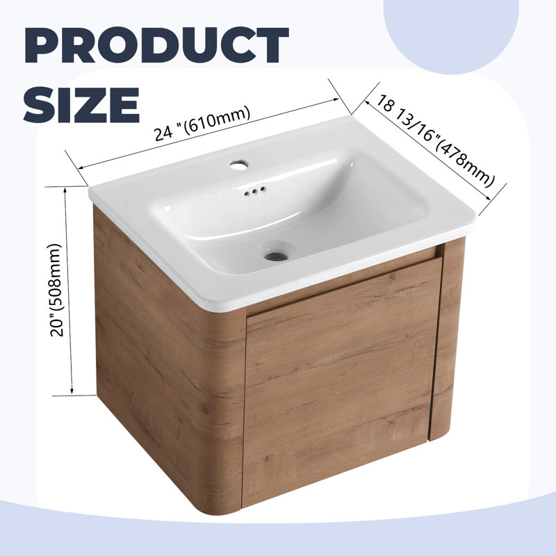 Meuble-lavabo flottant mural de 24 po avec lavabo en céramique, porte à fermeture en douceur et armoire de rangement, meuble-lavabo moderne en contreplaqué ORVICA