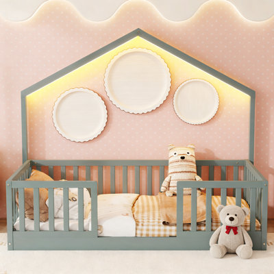Floor Bed With High Rails, Wooden Montessori Bed With Light For Kids by Red Barrel Studio