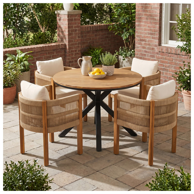 Ensemble repas d'extérieur 5 pièces avec table ronde en bois d'acacia et 4 chaises en corde