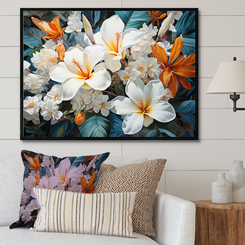 Fleur de plumeria beige et blanche, H 24 po x l 32 po x P 1 po, Cadre flottant noir