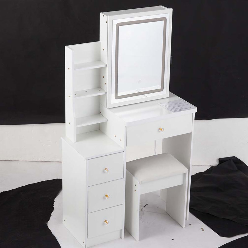 29.2" Small Size Left Bedside Cabinet Vanity Table + Cushioned Stool, Large Sliding, Touch Control, Tri-color Switching, Brightness Adjust LED Mirror, High Capacity Storage, Suitable for Small Space