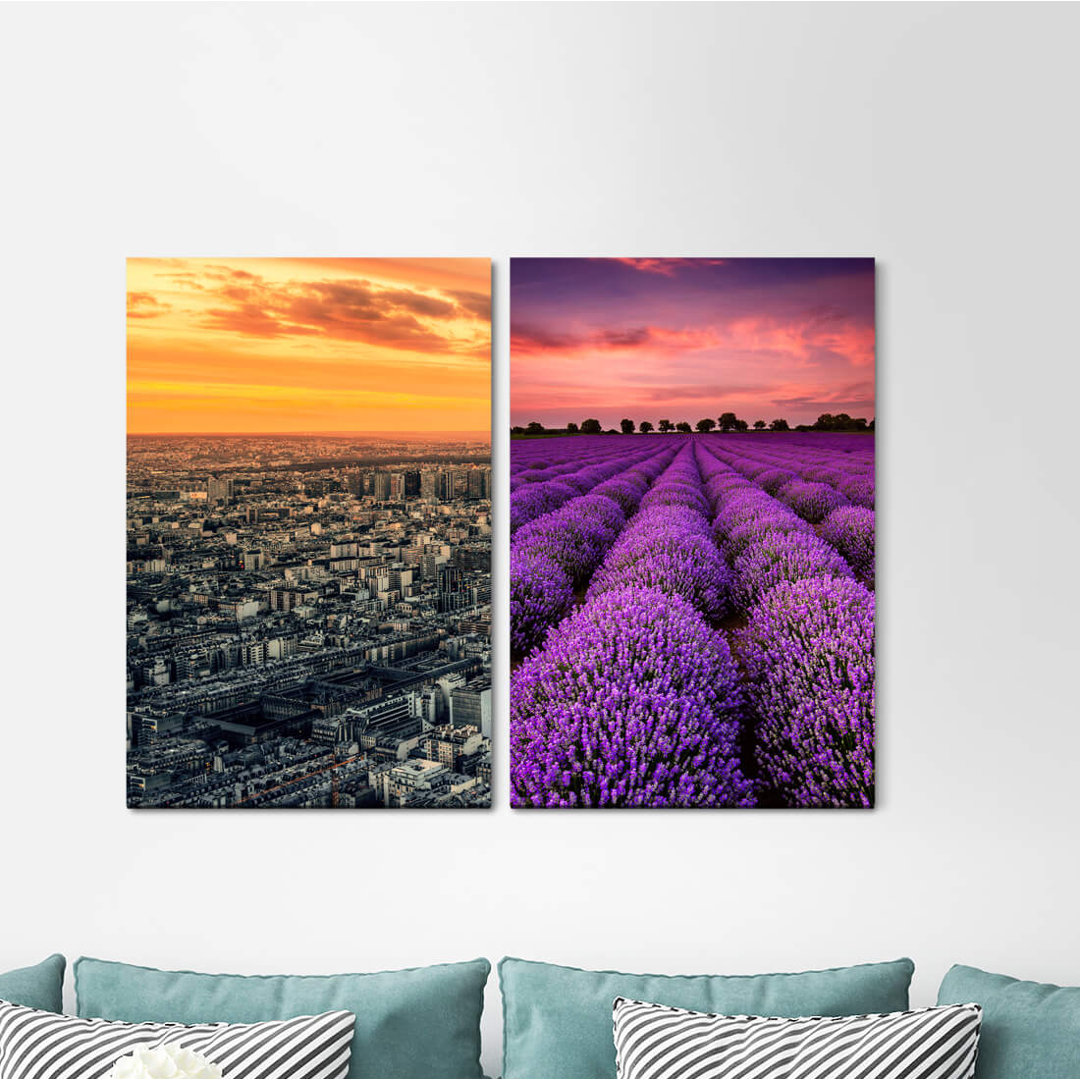 2-tlg. Leinwandbilder-Set - Fotografie „Big City Skyscraper Lavender Field Horizon Contrast Dusk Twilight”