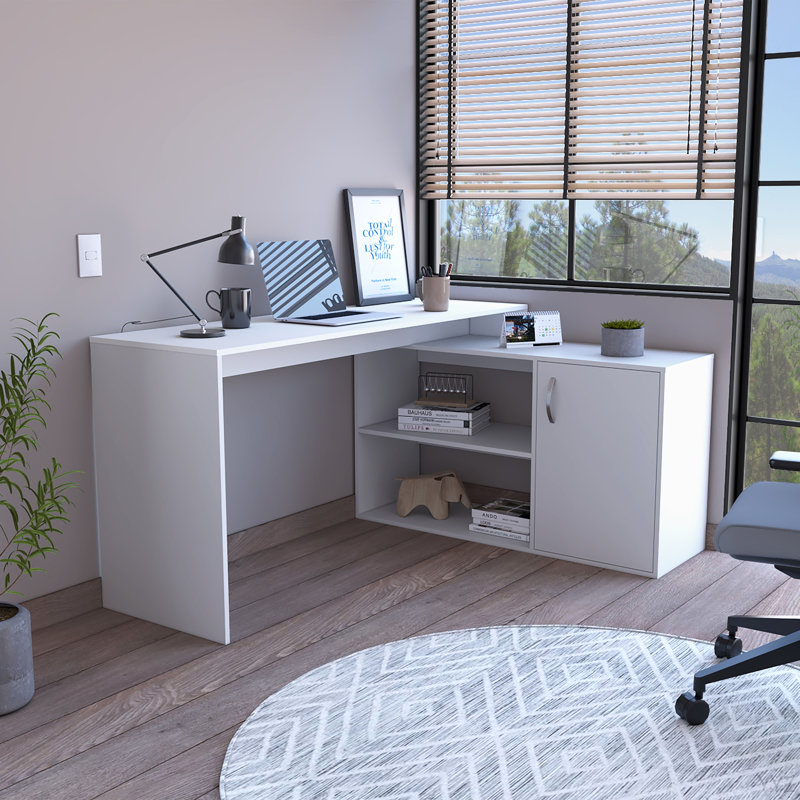 Bureau en L, armoire à une porte, deux tablettes ouvertes, deux tablettes intérieures, Blanc