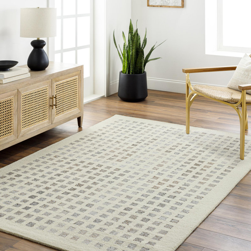 Tapis gris clair / crème touffeté à la main Sigrid, Rectangle 5 pi x 7 pi 6 po