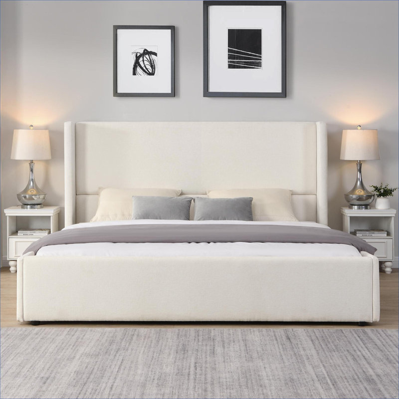 Upholstered King Size Bed Frame, Elegant Statement Tall Wingback Headboard, Soft Fabric, Crisp White