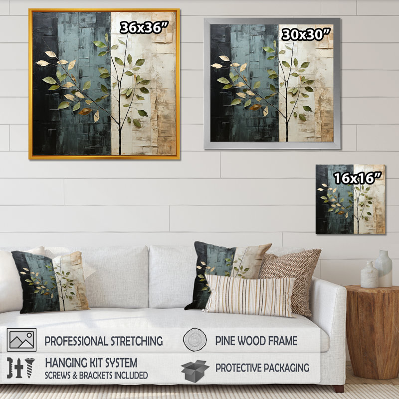 «Slate Elm Harmony Leaves I», reproduction sur toile, H 24 po x l 24 po x P 1 po, Cadre doré simple