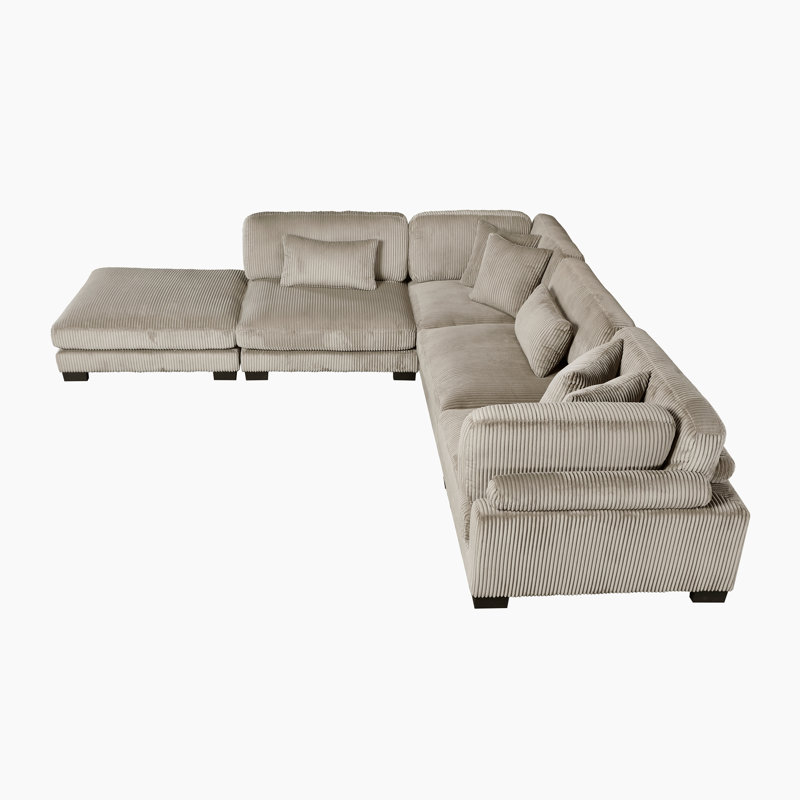 Canapé modulaire moderne en velours côtelé de 135 po Brinsley, dossier réglable et 6 coussins, Velours côtelé taupe