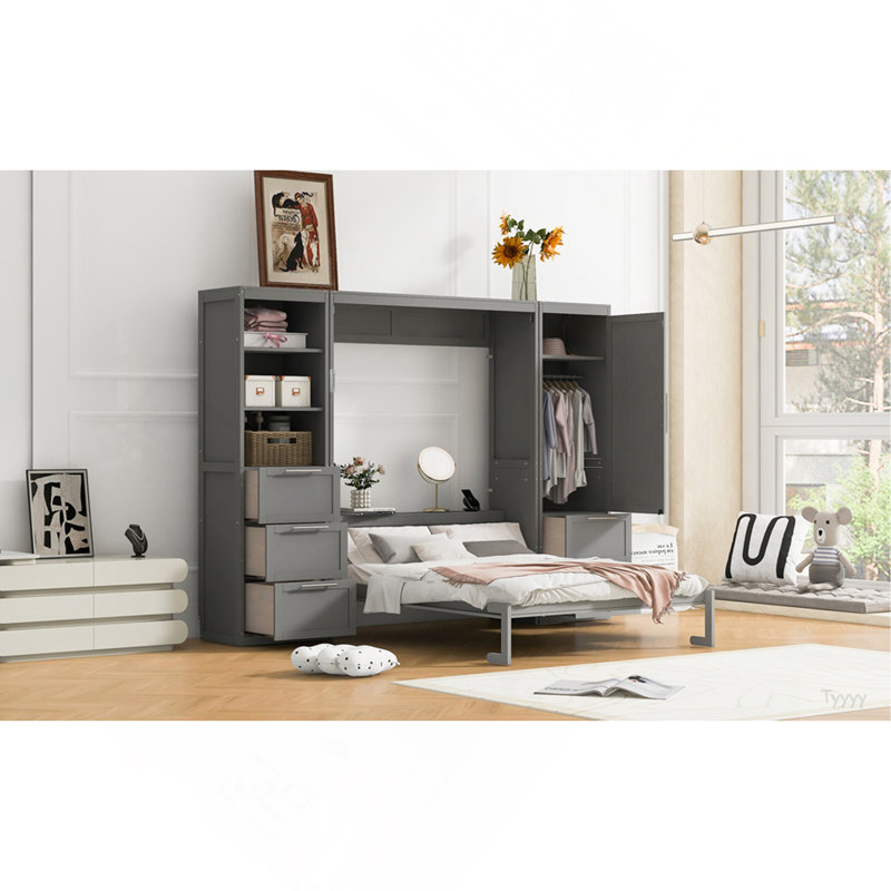 Grand lit escamotable mural avec placard, tiroirs et tablettes, Grey