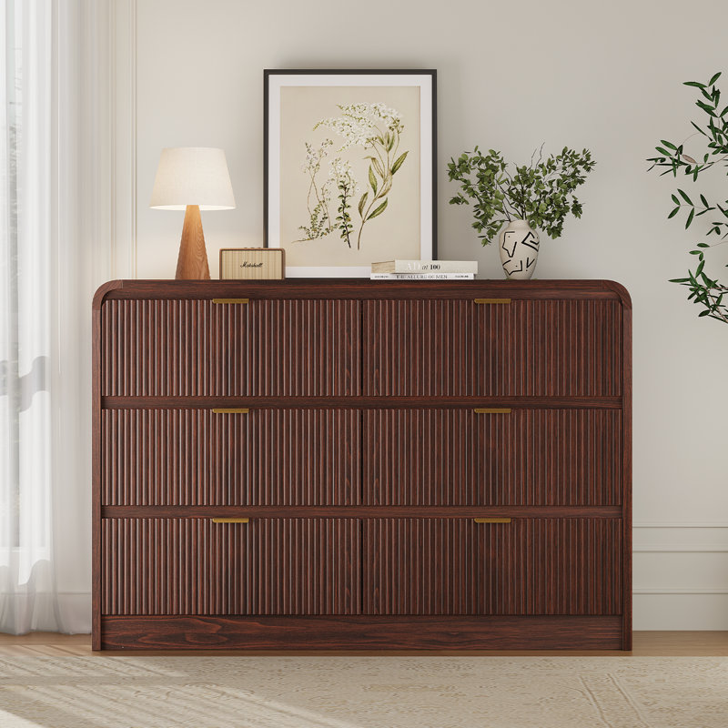 6-Drawer Dresser 54"W Double Dresser With Waveform Fluted Panel, Brown