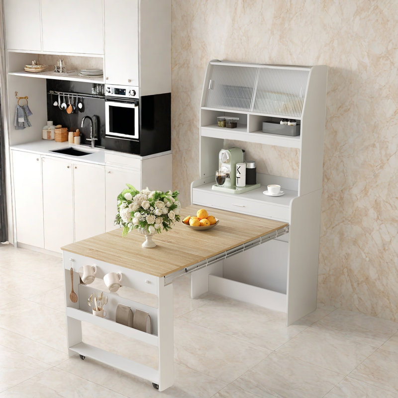 Buffet avec huche et table de salle à manger pliable, tablettes de rangement, crochets latéraux et armoire avec portes coulissantes