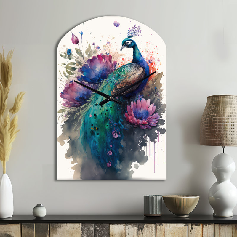 «Cute Peacock Floral Art I - Peacock Arch», horloge murale asymétrique moderne, Moyenne