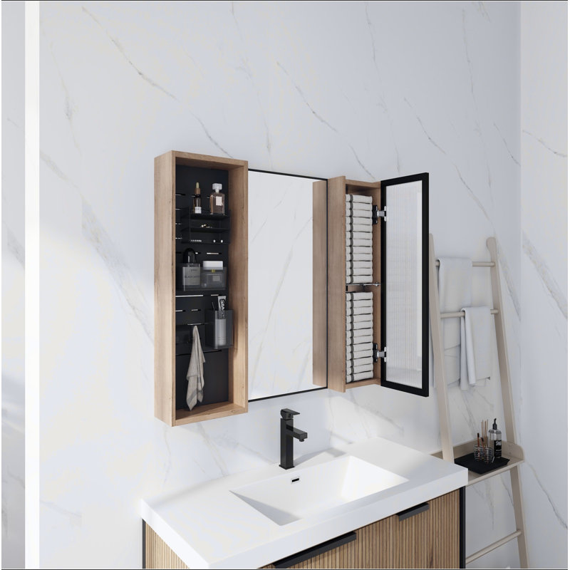 Armoire de toilette 41,6 po avec rangement, armoire à pharmacie murale avec porte miroir, tablettes en verre réglables, contreplaqué