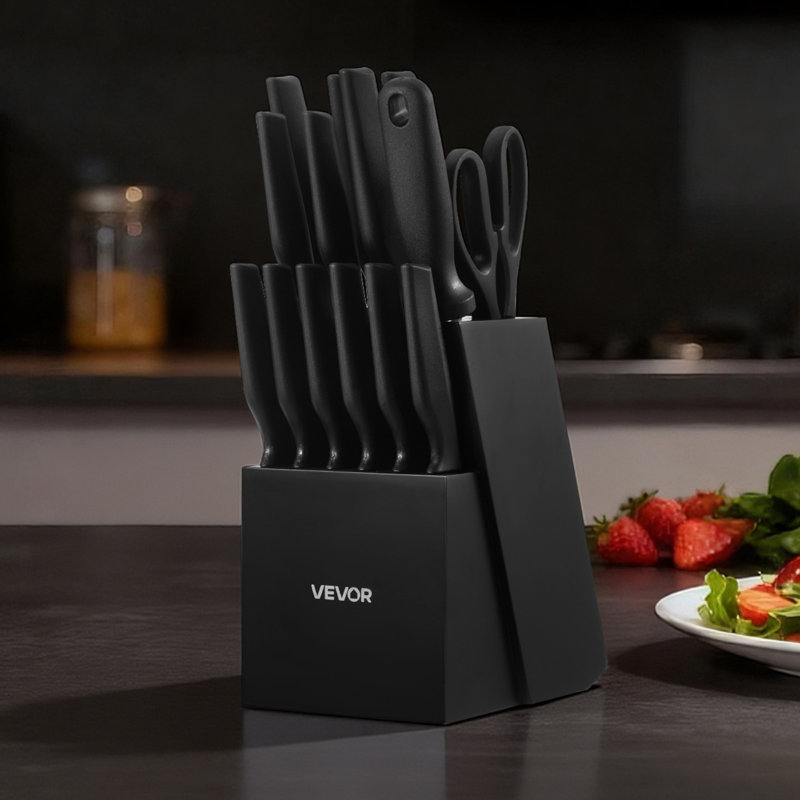 Ensemble de couteaux de cuisine avec bloc et aiguiseur, ensemble de couteaux allemand en acier inoxydable à haute teneur en carbone de 15 pièces, coutellerie de cuisine avec poignée ergonomique en PP, tige d'affûtage et bloc en bois, pour les cuisiniers amateurs