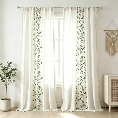 Boho Floral Linen Curtains, Green Embroidered 2 Panel Set, Semi Sheer Tassels Light Filtering Drapes with Back Tab & Rod Pocket