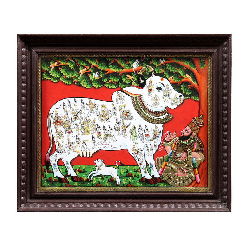Peinture de vache Kamadhenu dans un style Tanjore vénéré par Vashishtha Muni | Avec cadre