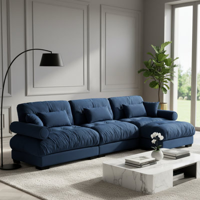 Canapé d'angle modulaire de 330 cm de large avec pouf amovible, assise profonde et moelleuse, et accoudoirs rembourrés, bleu marine