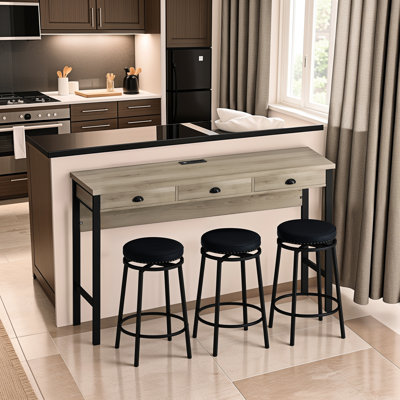 Longue table avec 3 prises de courant et tabourets de pu luxueux - table gris-brun, fabrication de chaises noires confortables et confortables