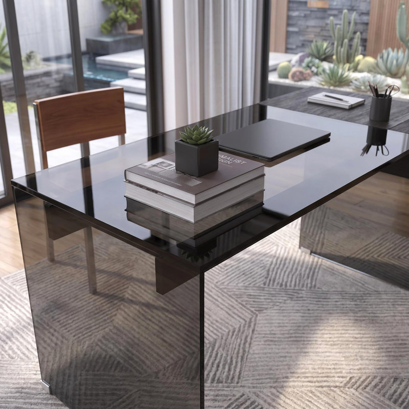 Bureau rectangulaire en verre de 135 cm (53,14 po) avec tiroir en bois, en verre trempé noir, idéal pour la maison, le bureau ou l'espace de travail.