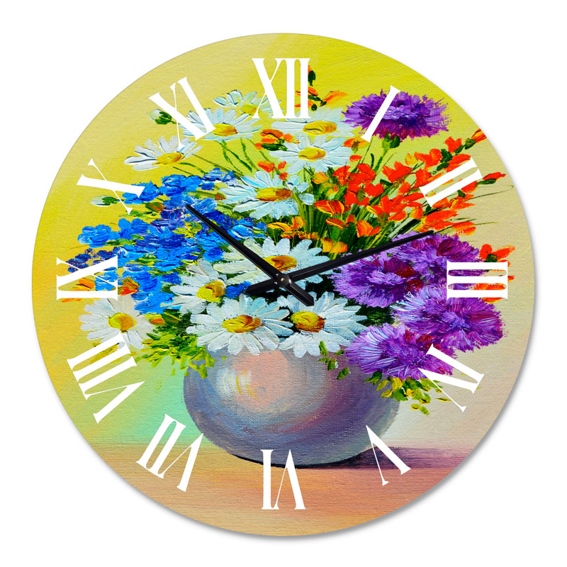Nature morte avec un bouquet de fleurs bleues rouges et blanches - Horloge murale traditionnelle, Surdimensionné