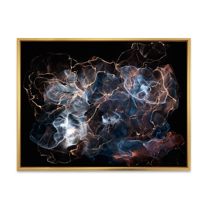 Noir et bleu liquide sur bleu - Peinture sur toile, H 16 po x l 32 po, Cadre flottant doré