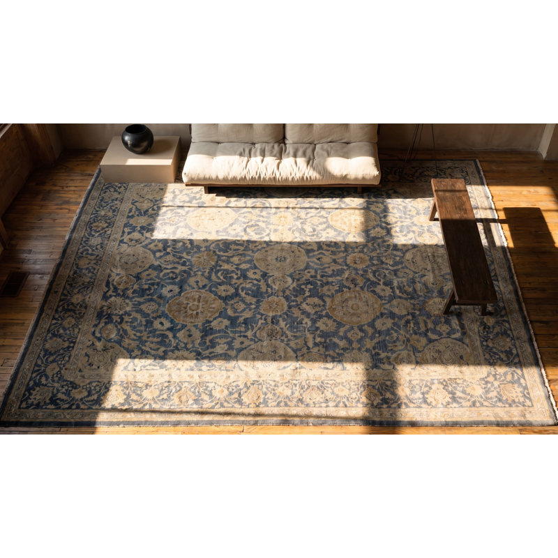 Square Wool 1930s Allover Floral Hand Knotted Pile Large Blue Antique Rug